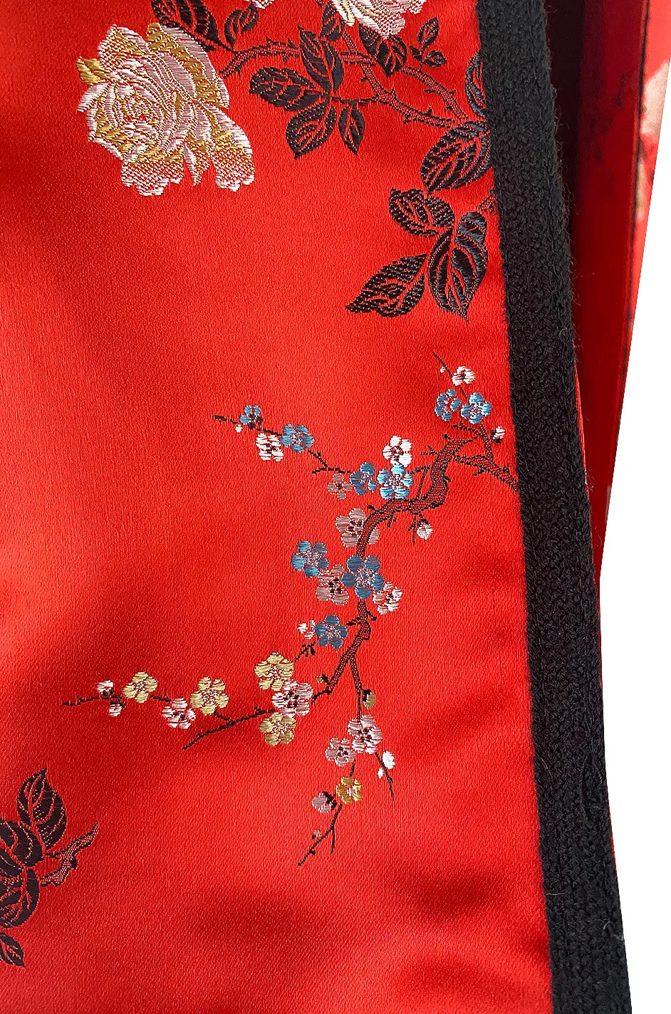 Fabulous 1970s Bill Gibb Red Woven Floral Print Silk Jacket w Matching High Slit Skirt