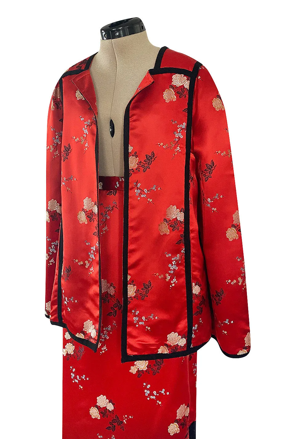 Fabulous 1970s Bill Gibb Red Woven Floral Print Silk Jacket w Matching High Slit Skirt