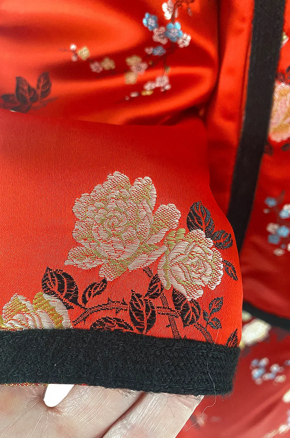 Fabulous 1970s Bill Gibb Red Woven Floral Print Silk Jacket w Matching High Slit Skirt