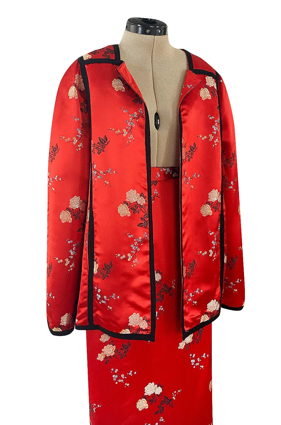 Fabulous 1970s Bill Gibb Red Woven Floral Print Silk Jacket w Matching High Slit Skirt