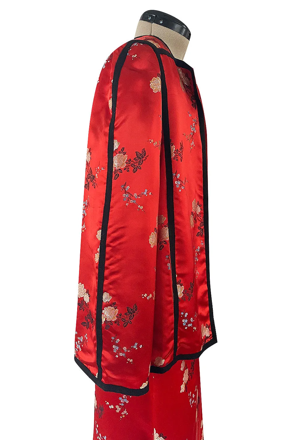 Fabulous 1970s Bill Gibb Red Woven Floral Print Silk Jacket w Matching High Slit Skirt
