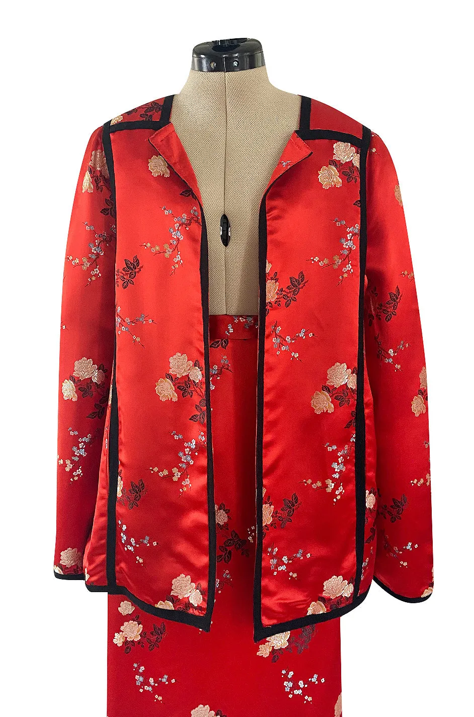 Fabulous 1970s Bill Gibb Red Woven Floral Print Silk Jacket w Matching High Slit Skirt