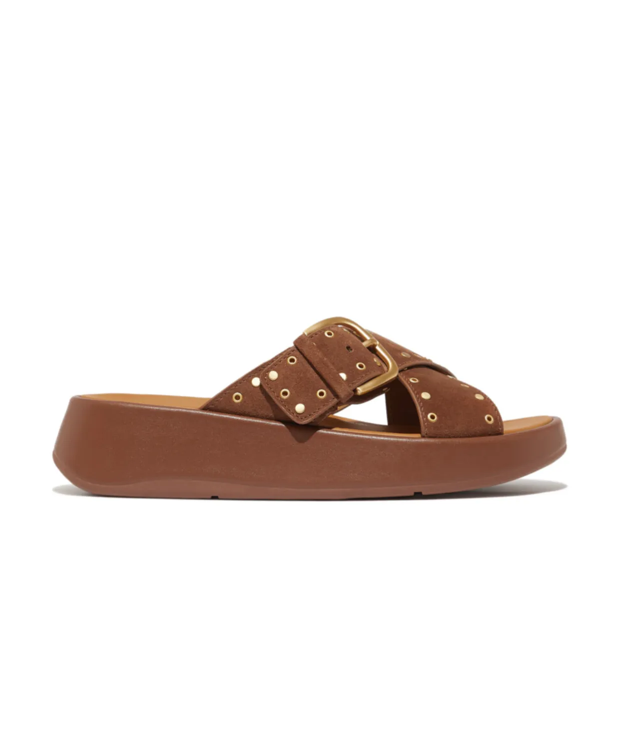 Fitflop F-Mode Buckle Stud Suede Flatform Cross Slide Brown