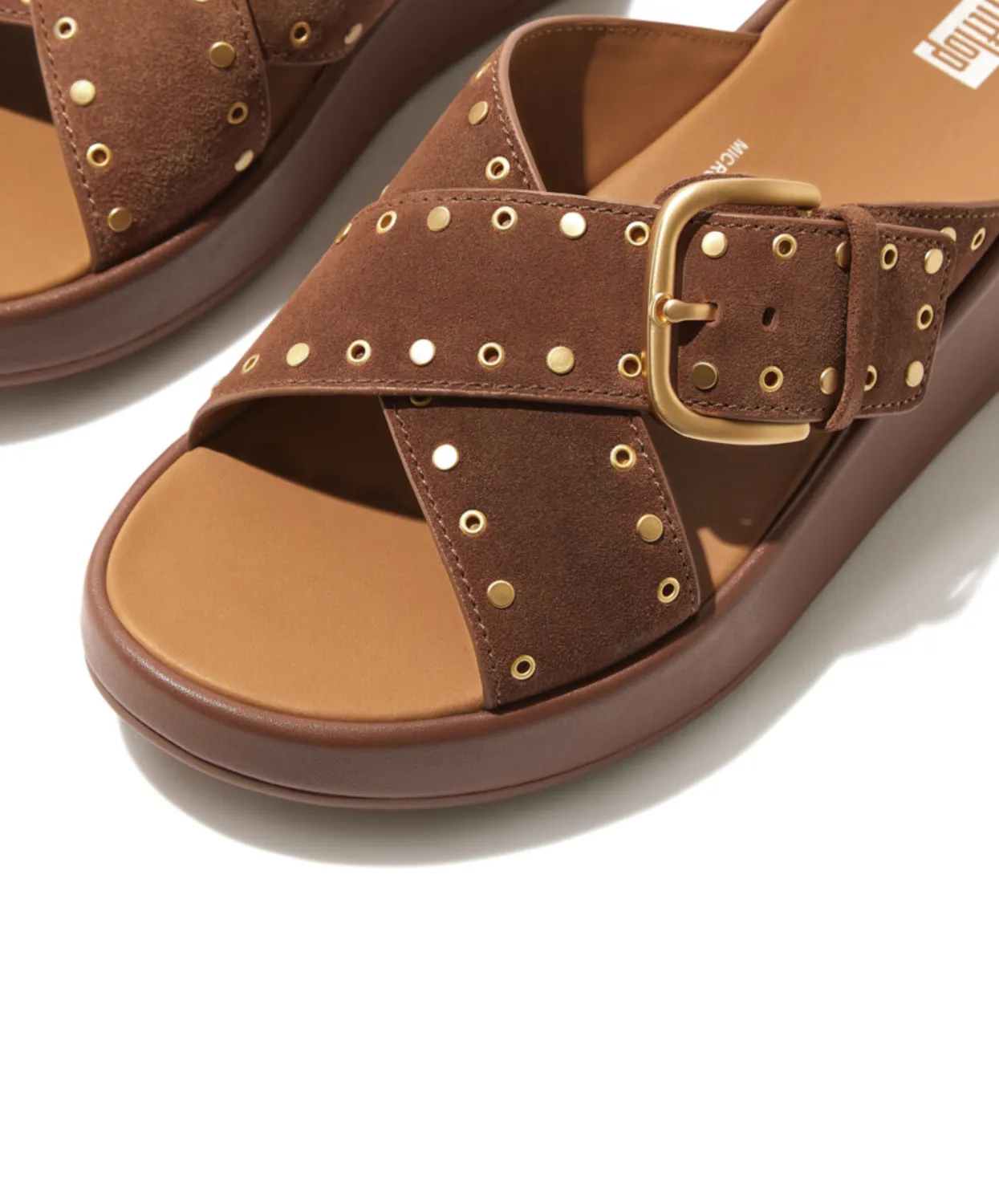 Fitflop F-Mode Buckle Stud Suede Flatform Cross Slide Brown