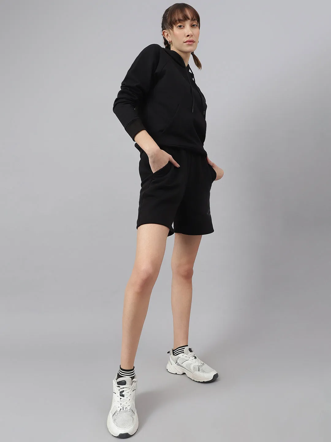 Fitkin Women Black Fleece Regular Fit Hooded Sweatshirt