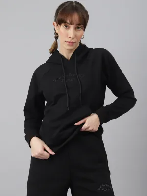 Fitkin Women Black Fleece Regular Fit Hooded Sweatshirt