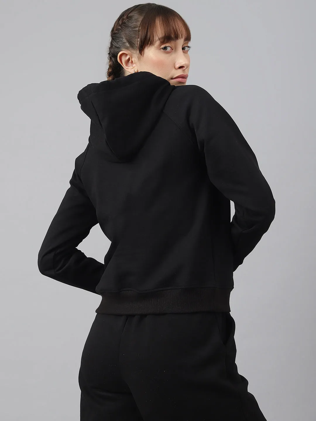 Fitkin Women Black Fleece Regular Fit Hooded Sweatshirt