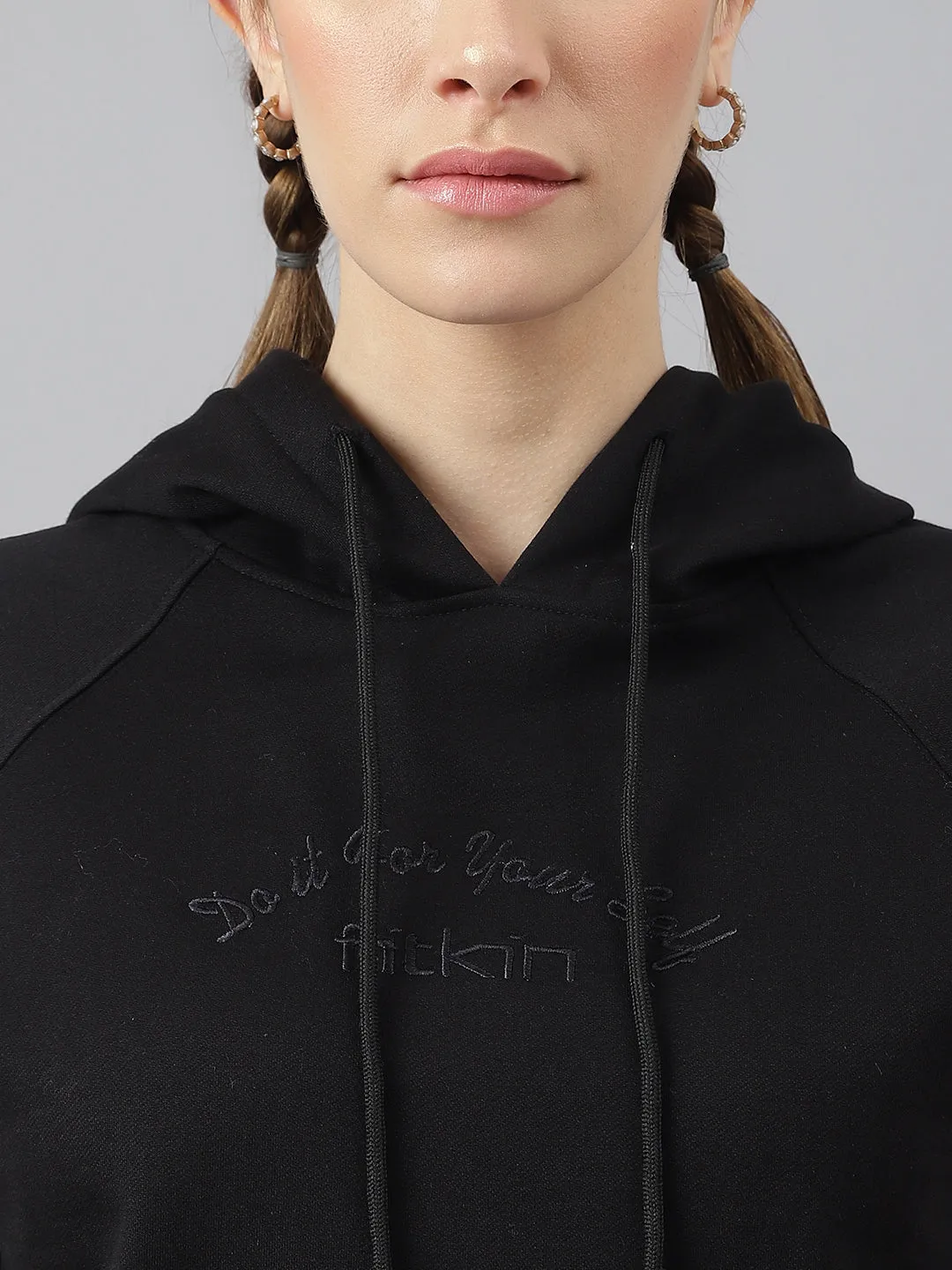 Fitkin Women Black Fleece Regular Fit Hooded Sweatshirt