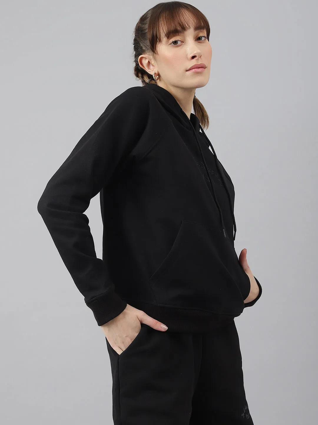 Fitkin Women Black Fleece Regular Fit Hooded Sweatshirt