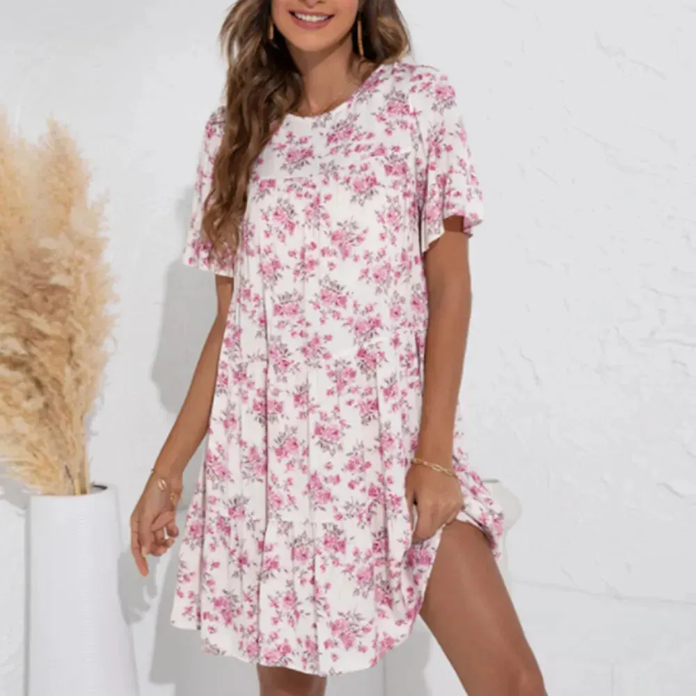 Floral A-Line Dress with Ruffle Sleeves - Spring Cotton Dress