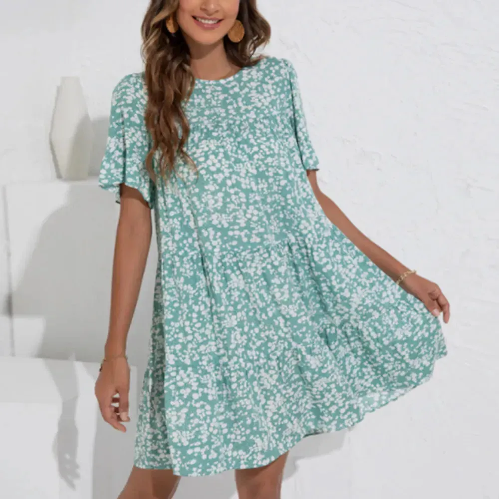 Floral A-Line Dress with Ruffle Sleeves - Spring Cotton Dress