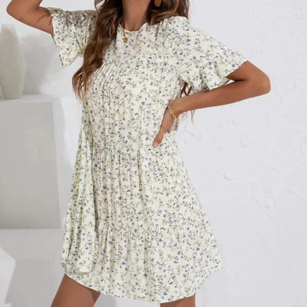 Floral A-Line Dress with Ruffle Sleeves - Spring Cotton Dress