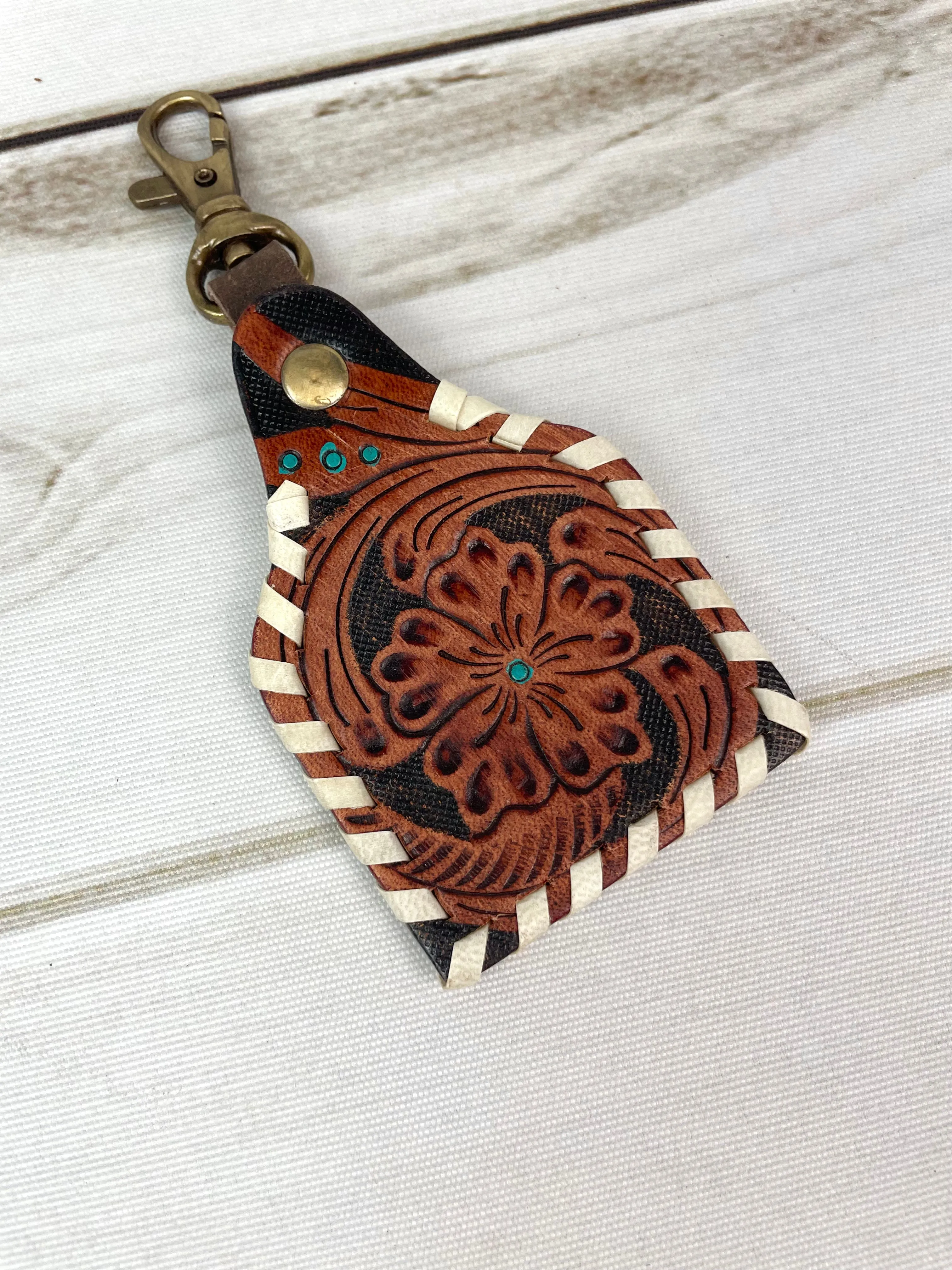 Floral Tooled Whipstitched Leather Key Tag