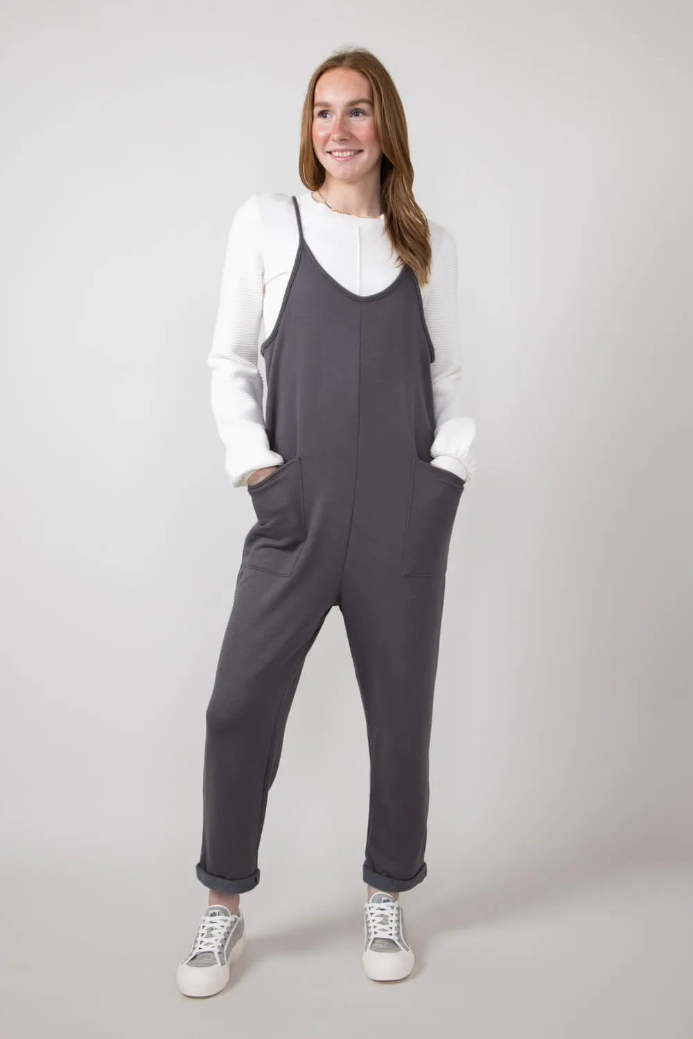 French Terry Onesie Jumpsuit for Women in Charcoal | NJU60281I-CHARCOAL