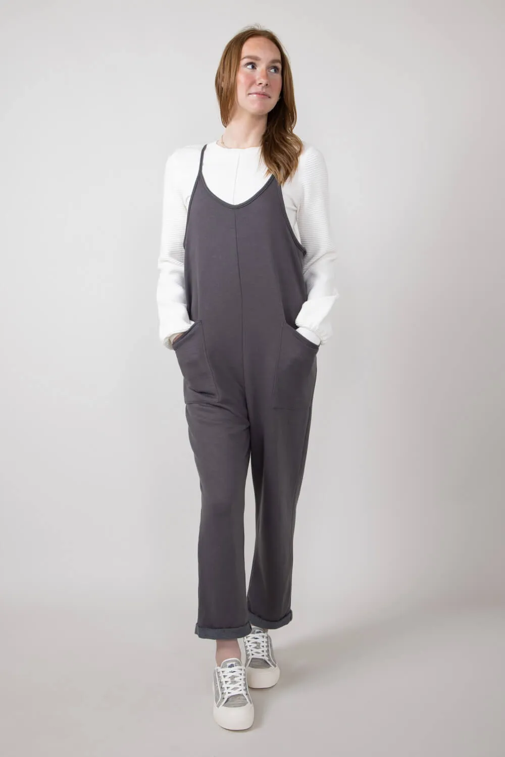 French Terry Onesie Jumpsuit for Women in Charcoal | NJU60281I-CHARCOAL