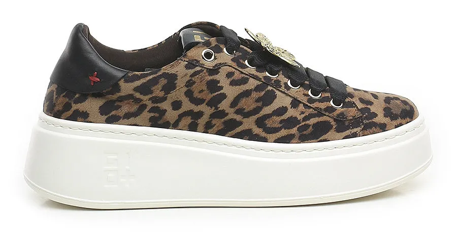 GIO  Leopard sneaker i semsket skinn med gullblomst og høy såle