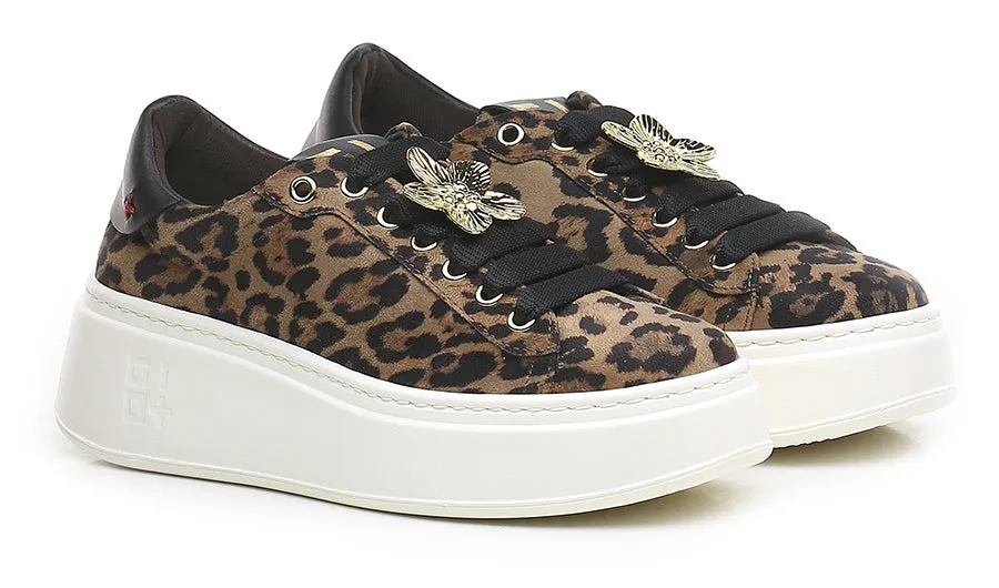 GIO  Leopard sneaker i semsket skinn med gullblomst og høy såle