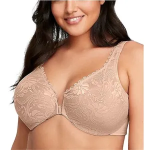 Glamorise Wonderwire Stretch Lace Front Closure Bra Size 48DD Nude Tan Cream