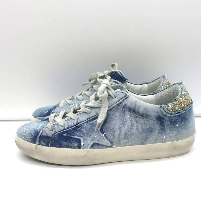 Golden Goose Superstar Denim Sneakers with Glitter Heel Tab Blue Size 36 NEW