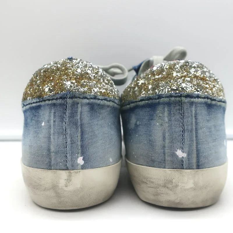 Golden Goose Superstar Denim Sneakers with Glitter Heel Tab Blue Size 36 NEW