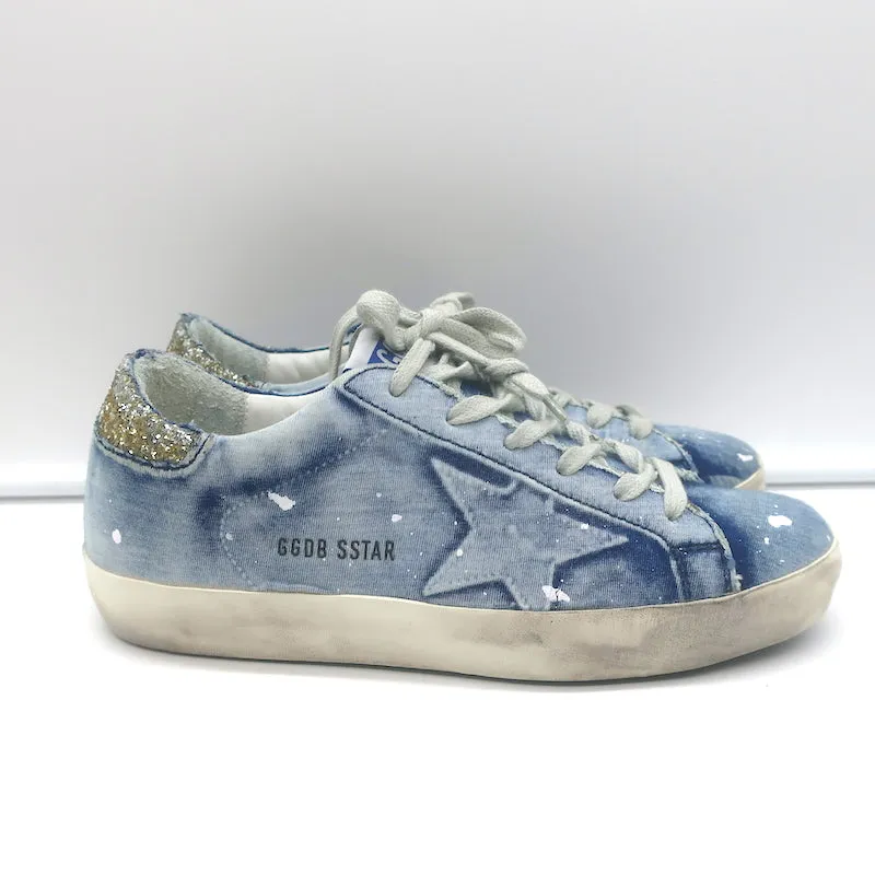 Golden Goose Superstar Denim Sneakers with Glitter Heel Tab Blue Size 36 NEW