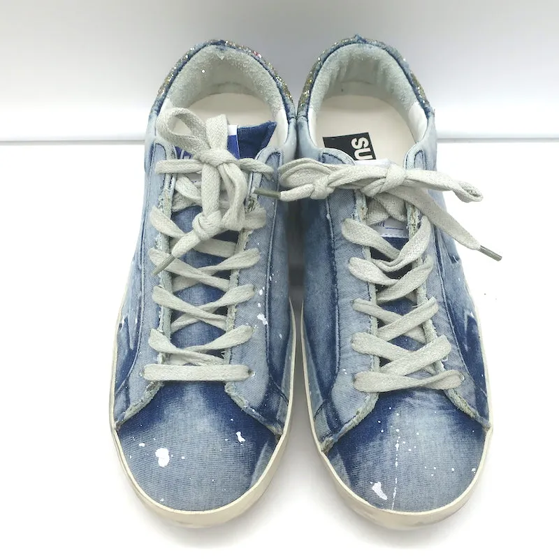 Golden Goose Superstar Denim Sneakers with Glitter Heel Tab Blue Size 36 NEW