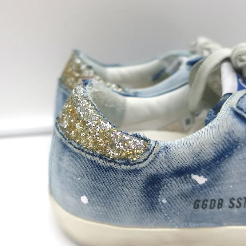 Golden Goose Superstar Denim Sneakers with Glitter Heel Tab Blue Size 36 NEW