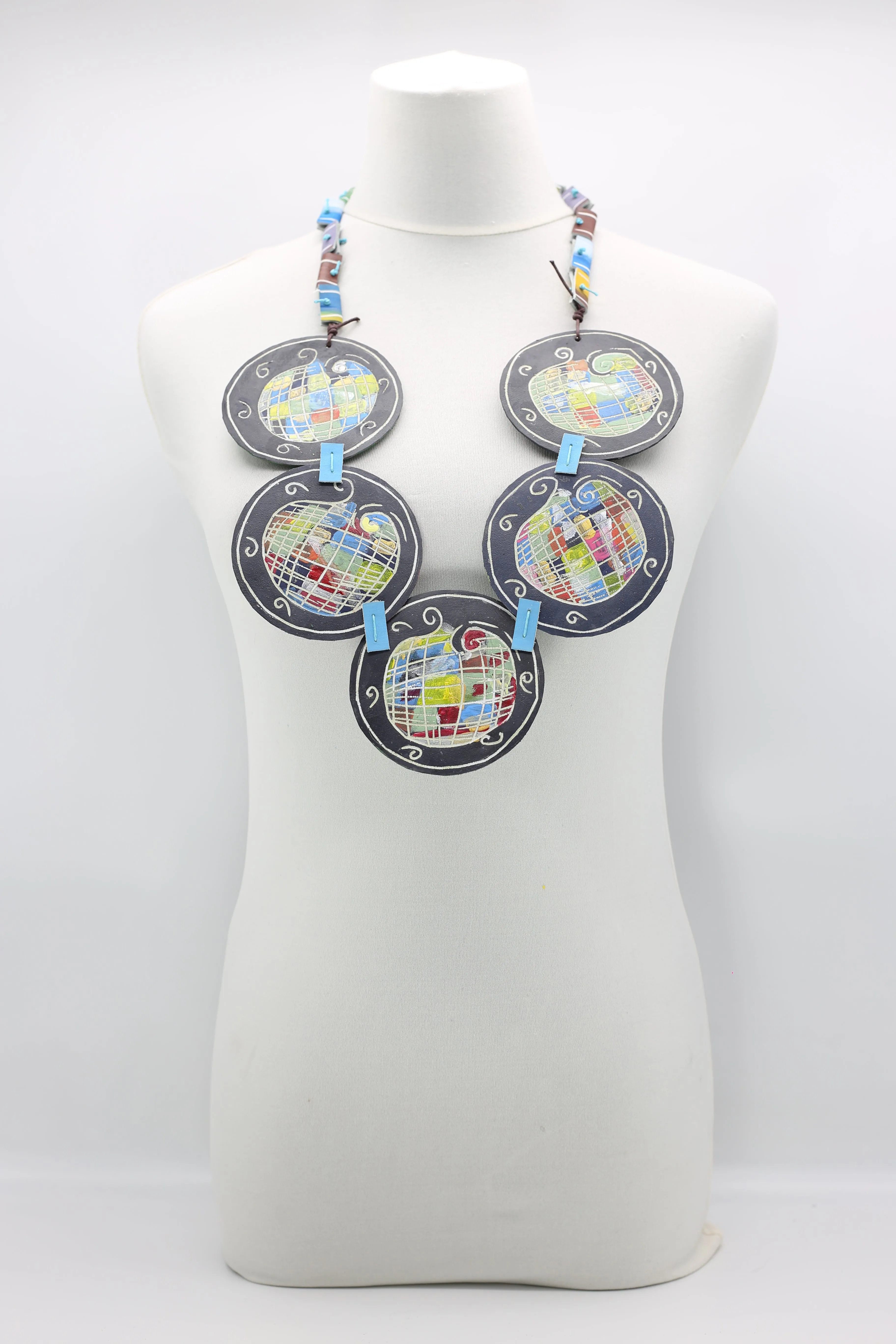 Hand Carved And Painted Recycled Leather Planet Disk Necklace