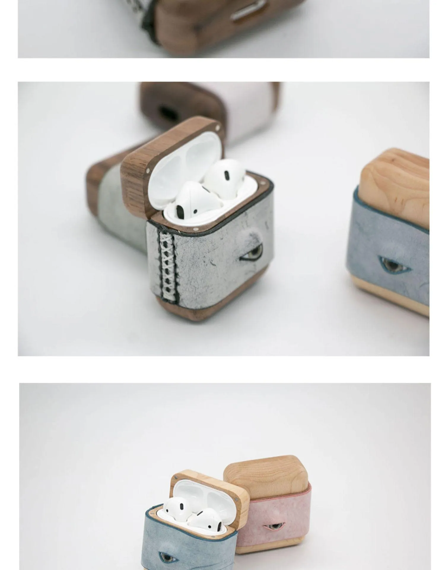 Handmade Pink Leather Coffee Wood AirPods 1,2 Case with Eye Custom Leather AirPods 1,2 Case Airpod Case Cover