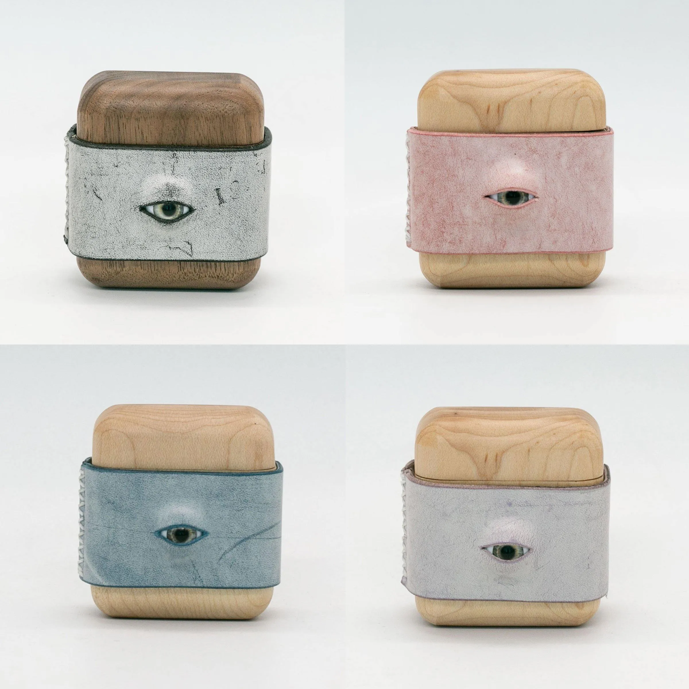 Handmade Pink Leather Coffee Wood AirPods 1,2 Case with Eye Custom Leather AirPods 1,2 Case Airpod Case Cover