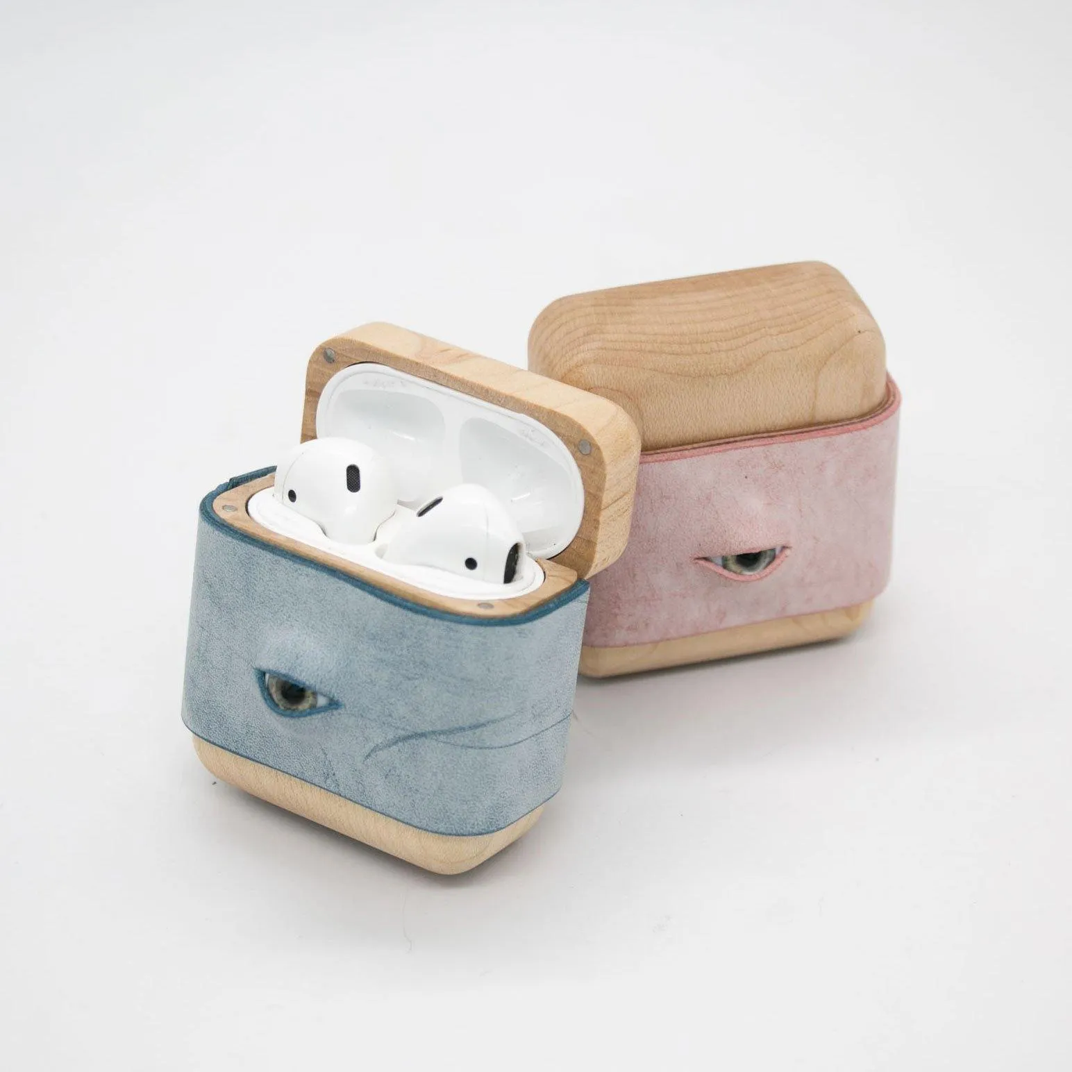 Handmade Pink Leather Coffee Wood AirPods 1,2 Case with Eye Custom Leather AirPods 1,2 Case Airpod Case Cover