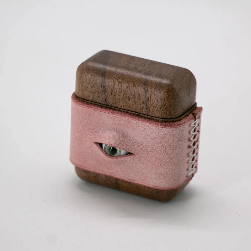 Handmade Pink Leather Coffee Wood AirPods 1,2 Case with Eye Custom Leather AirPods 1,2 Case Airpod Case Cover