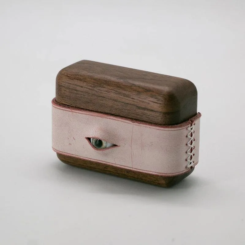 Handmade Pink Leather Coffee Wood AirPods 1,2 Case with Eye Custom Leather AirPods 1,2 Case Airpod Case Cover