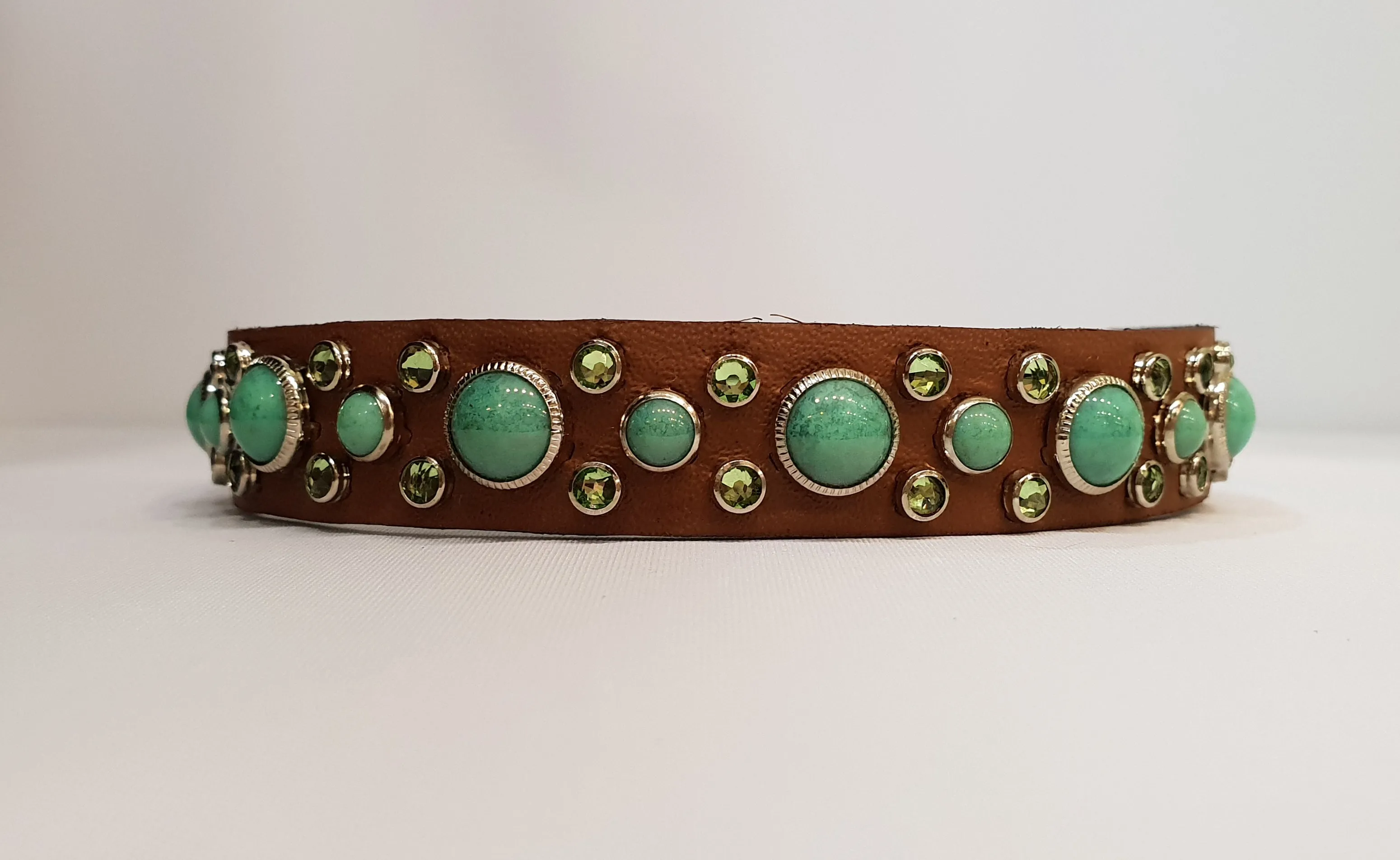 HB 3/4" Collar - Chestnut Leather / Green Turquoise Stones & Crystals