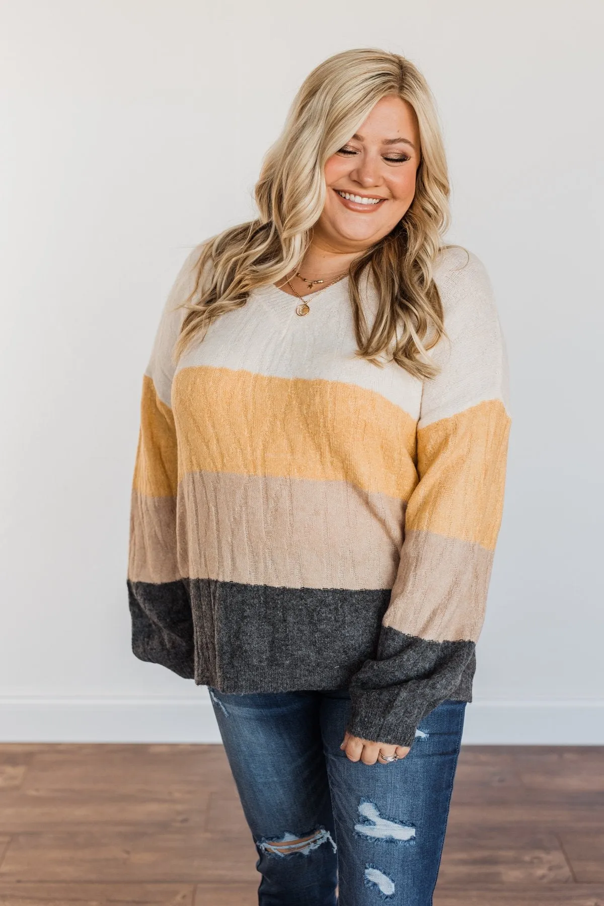 Make A Scene V-Neck Sweater- Cream, Marigold, Taupe, & Charcoal