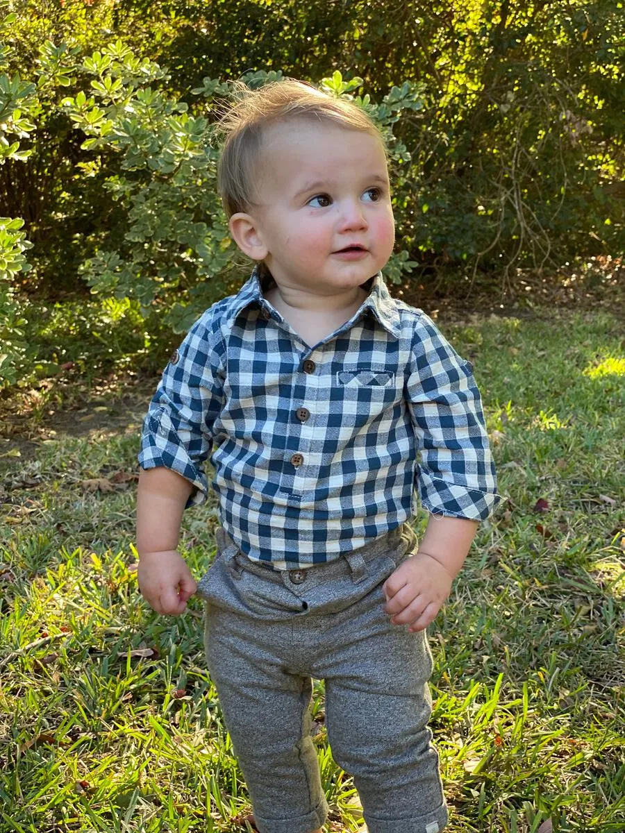 Me & Henry Jasper Woven Onesie - Navy Plaid