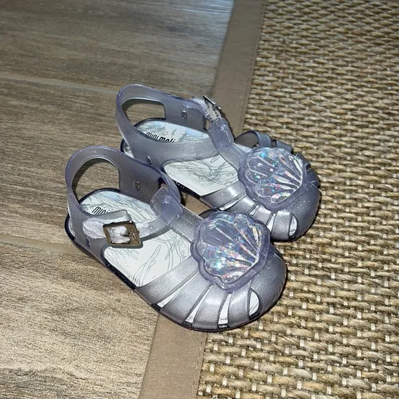 Mini Melissa Aranha XII-Clear Glass Sparkly Shell seashell Sandals size 7