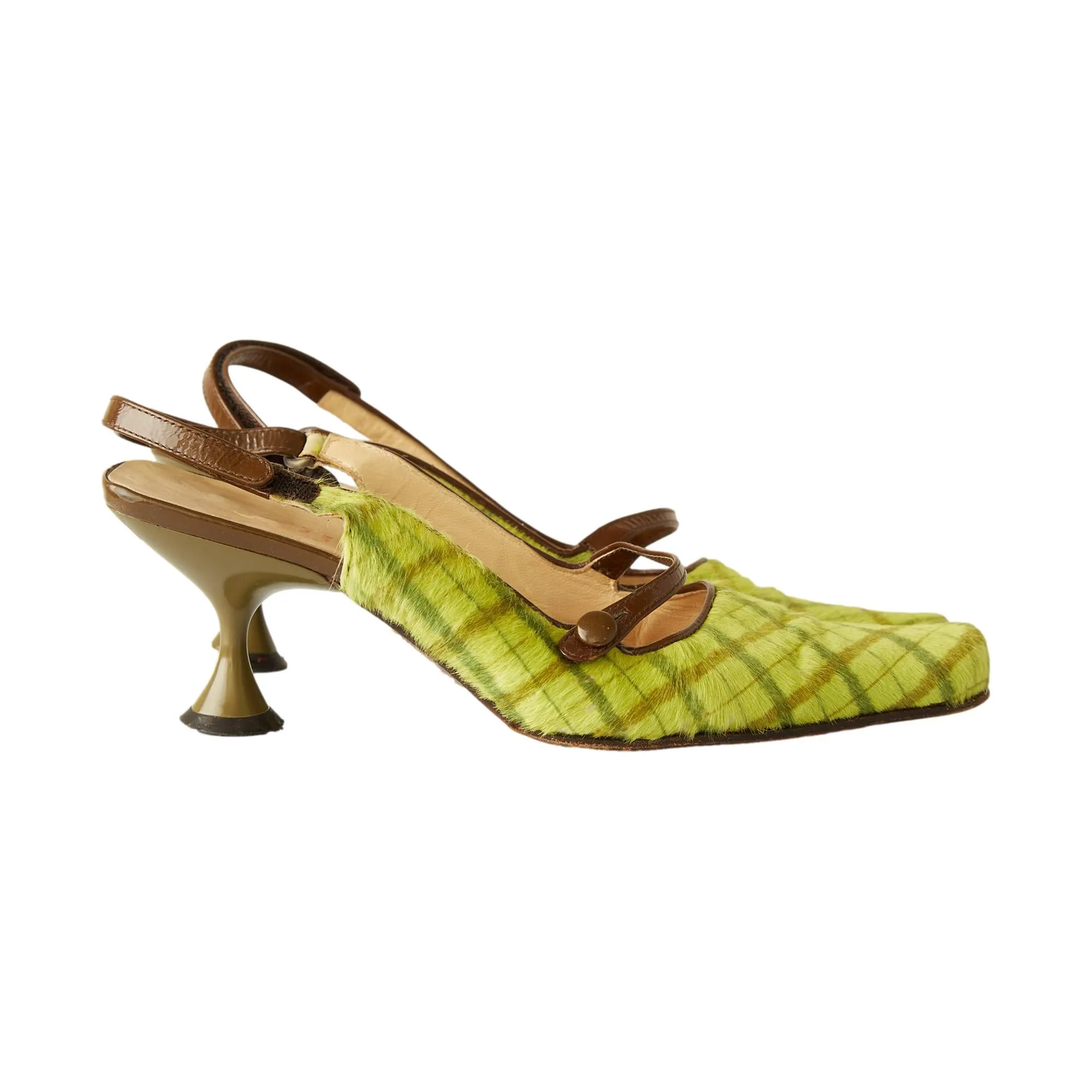 Miu Miu Green Plaid Calf-hair Kitten Heels