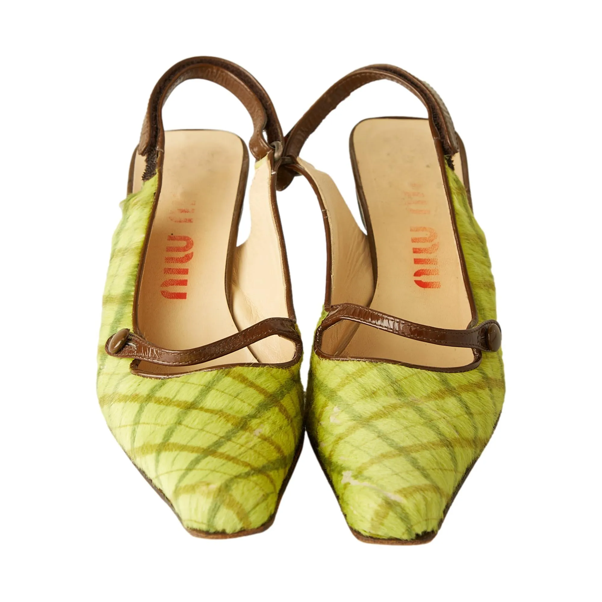 Miu Miu Green Plaid Calf-hair Kitten Heels