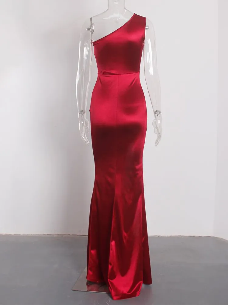 One Shoulder Stretchy Satin Ruched Split Dress