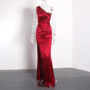 One Shoulder Stretchy Satin Ruched Split Dress