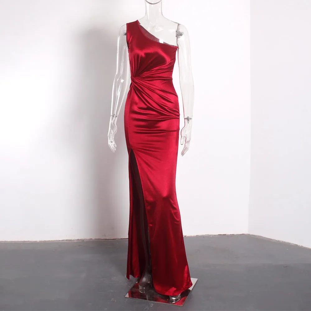 One Shoulder Stretchy Satin Ruched Split Dress