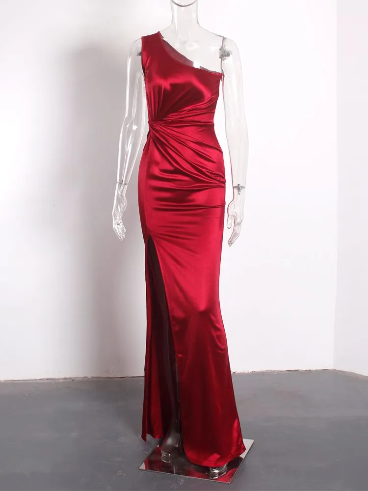One Shoulder Stretchy Satin Ruched Split Dress