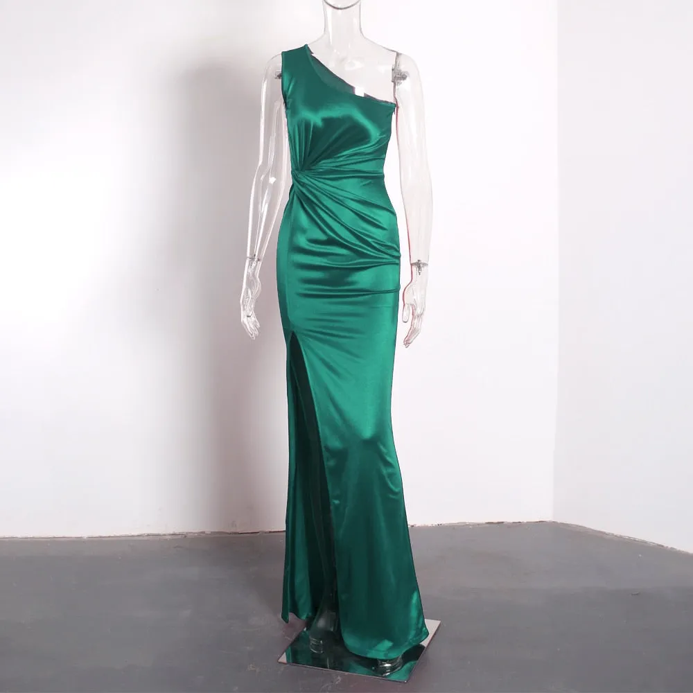 One Shoulder Stretchy Satin Ruched Split Dress