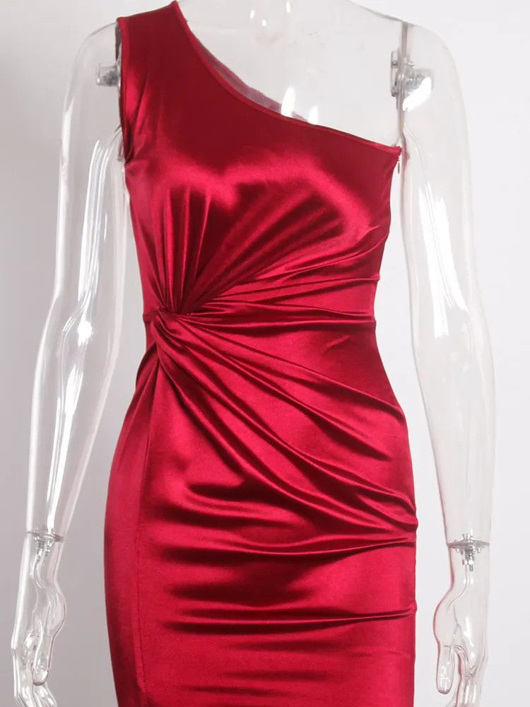 One Shoulder Stretchy Satin Ruched Split Dress