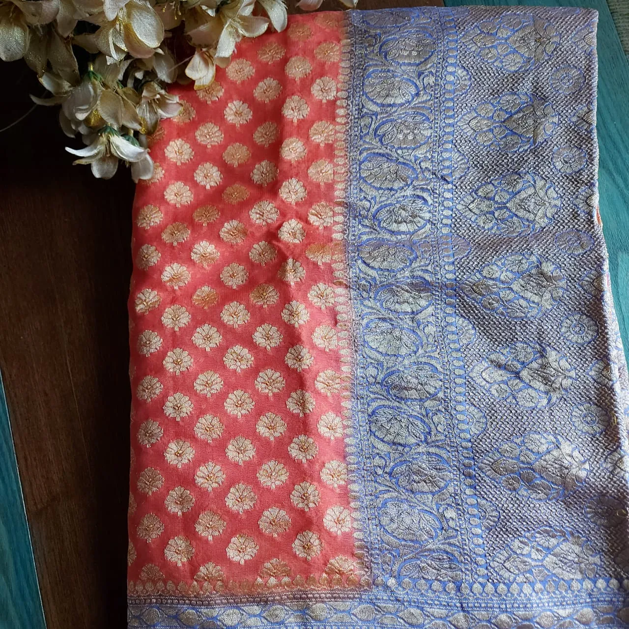 Orange-Blue Buti Jaal Banarasee Saree online