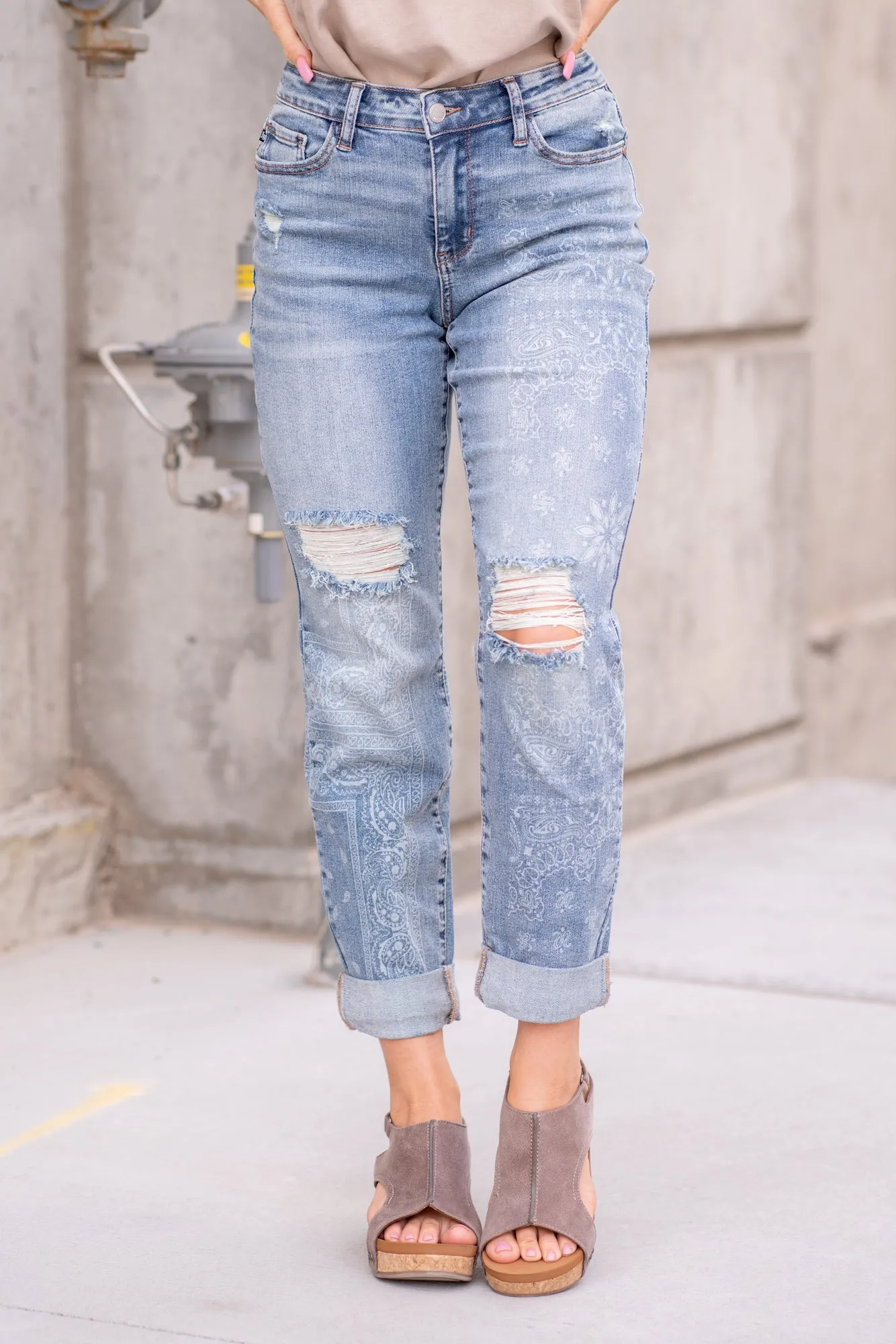 Paisley Print Mid Rise Distressed Boyfriend