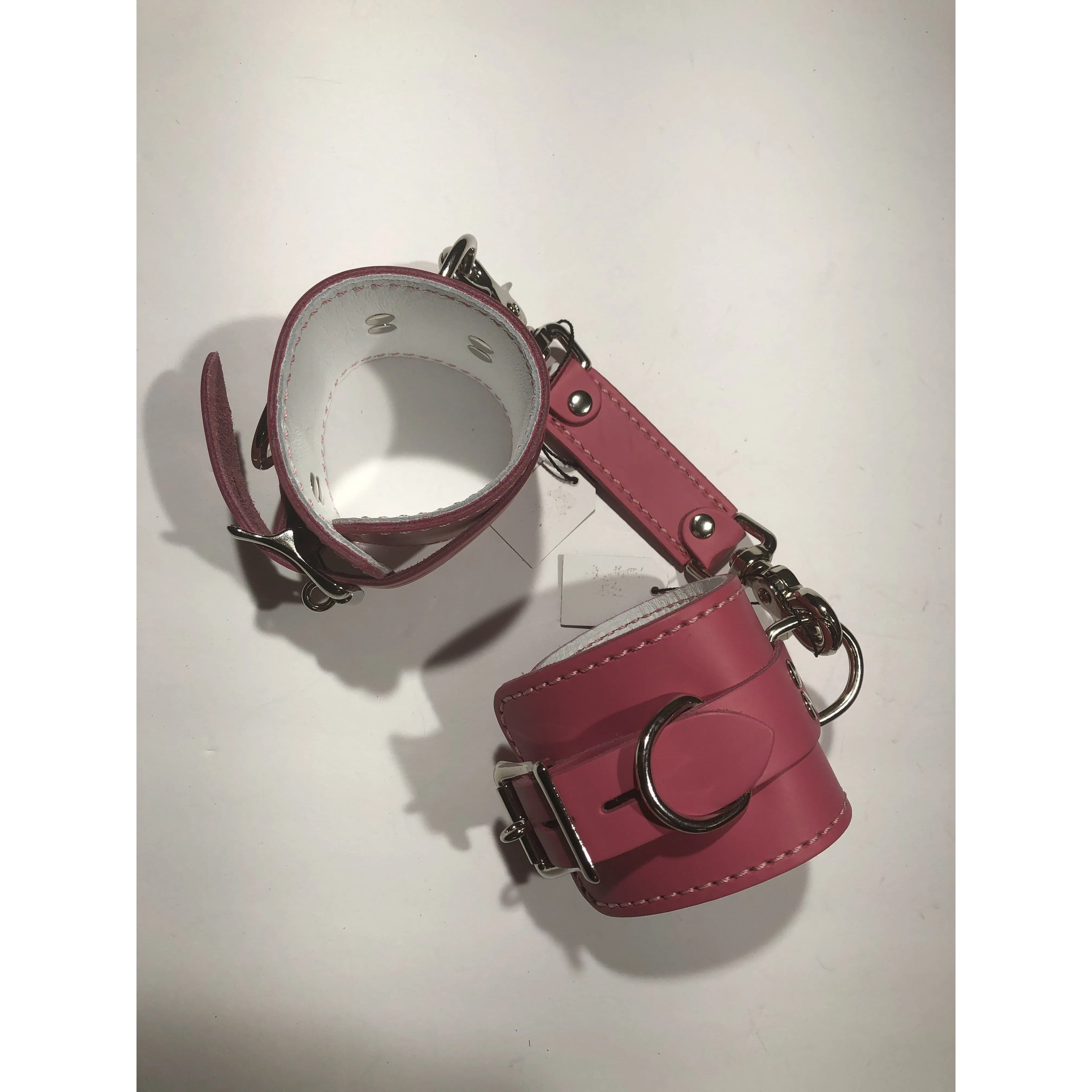 Pink and White Leather Cuff and Connector Set  M/L