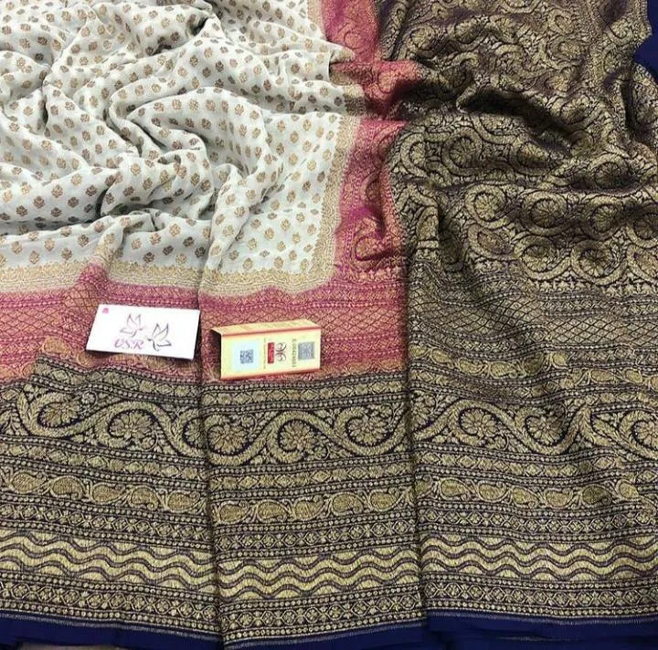 Pink-Blue Jaal Banarasi Khaddi Saree