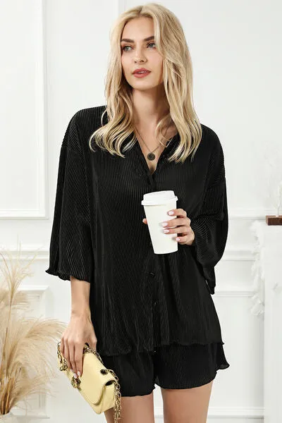 Pleated Button Up Shirt and Shorts Lounge Set (2 Colors)